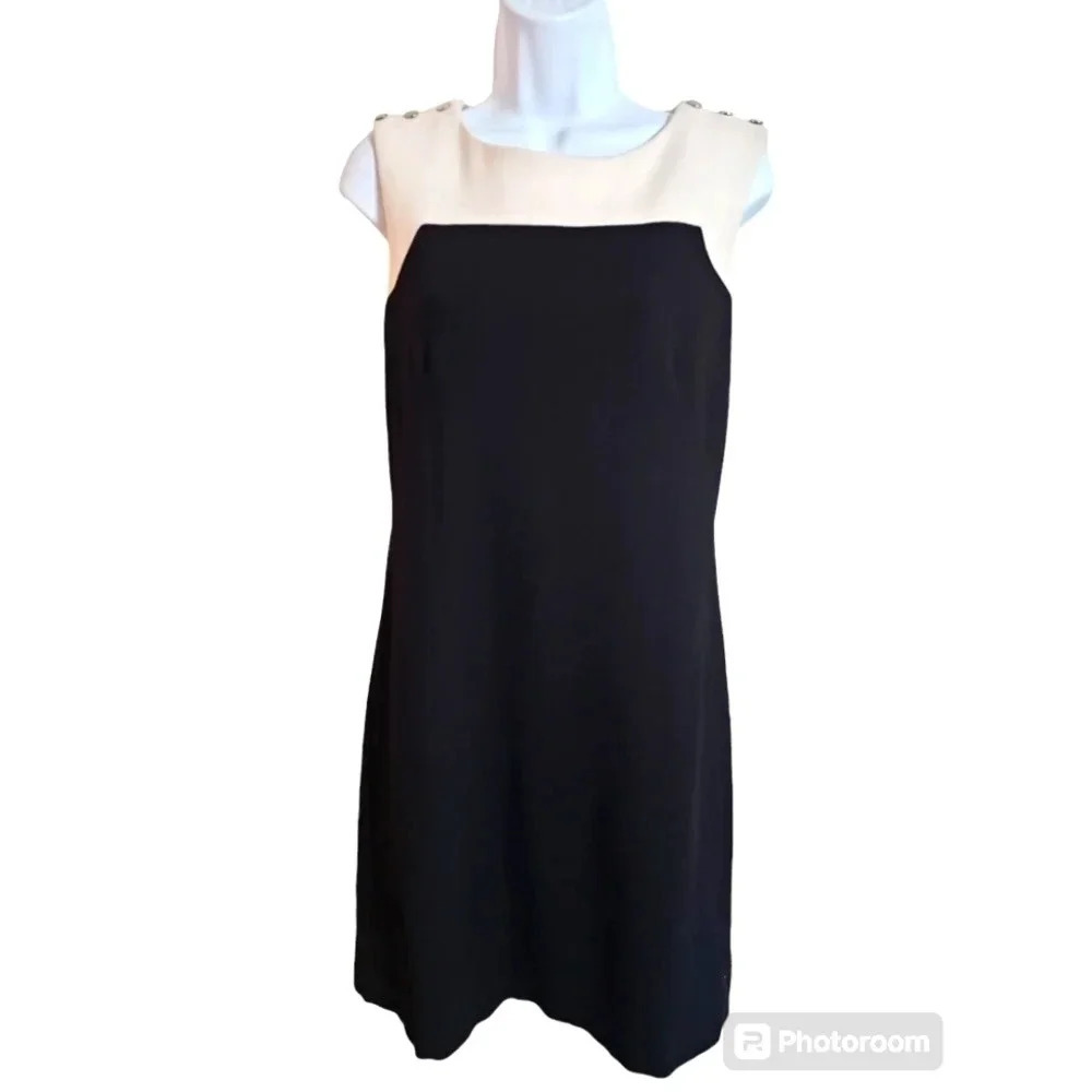 White House Black Market Women’s 8 Black White Sheath Dress Silver Button Mod - Picture 2 of 8
